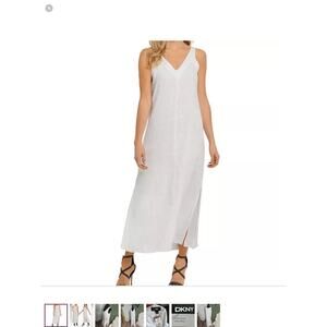 DKNY Linen V Neck long Maxi shift  Dress white sleeveless extra small nwt